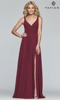 Wine Long Faviana Classic V-Neck Formal Gown