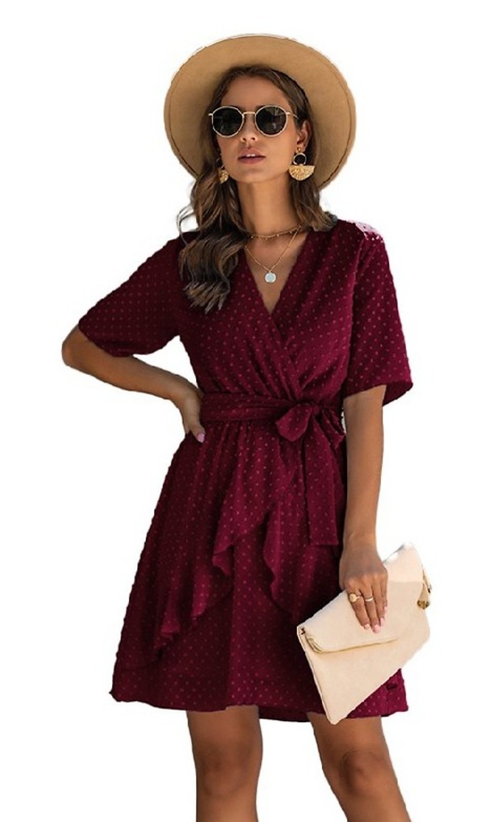 Wine Swiss Dot Short Casual Wrap Dress with Sleeves