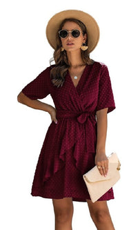 Wine Swiss Dot Short Casual Wrap Dress with Sleeves