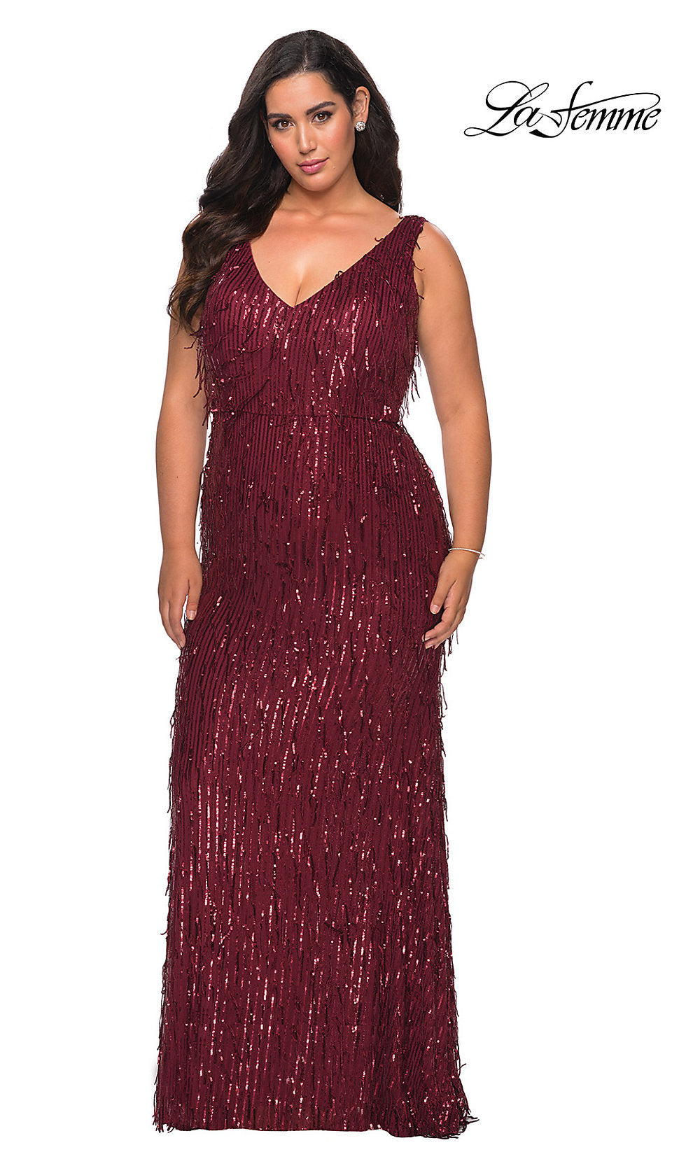 Wine La Femme Sequin Fringe Long Plus-Size Prom Dress