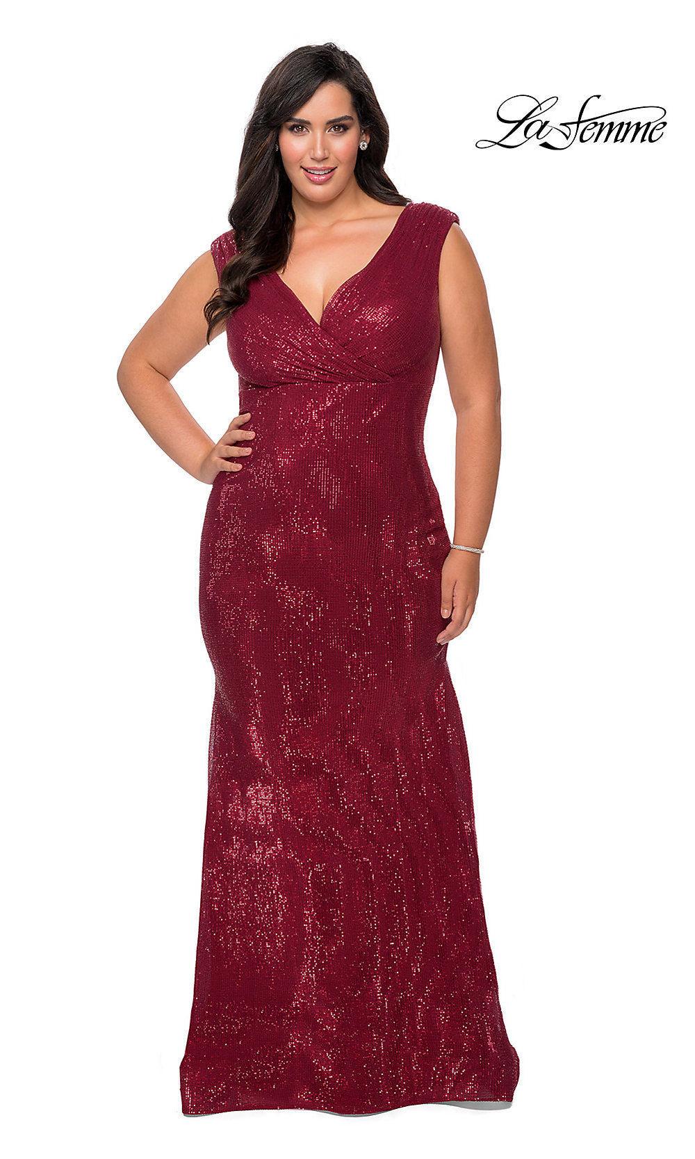 Wine La Femme Sequin Long Plus-Size Formal Dress