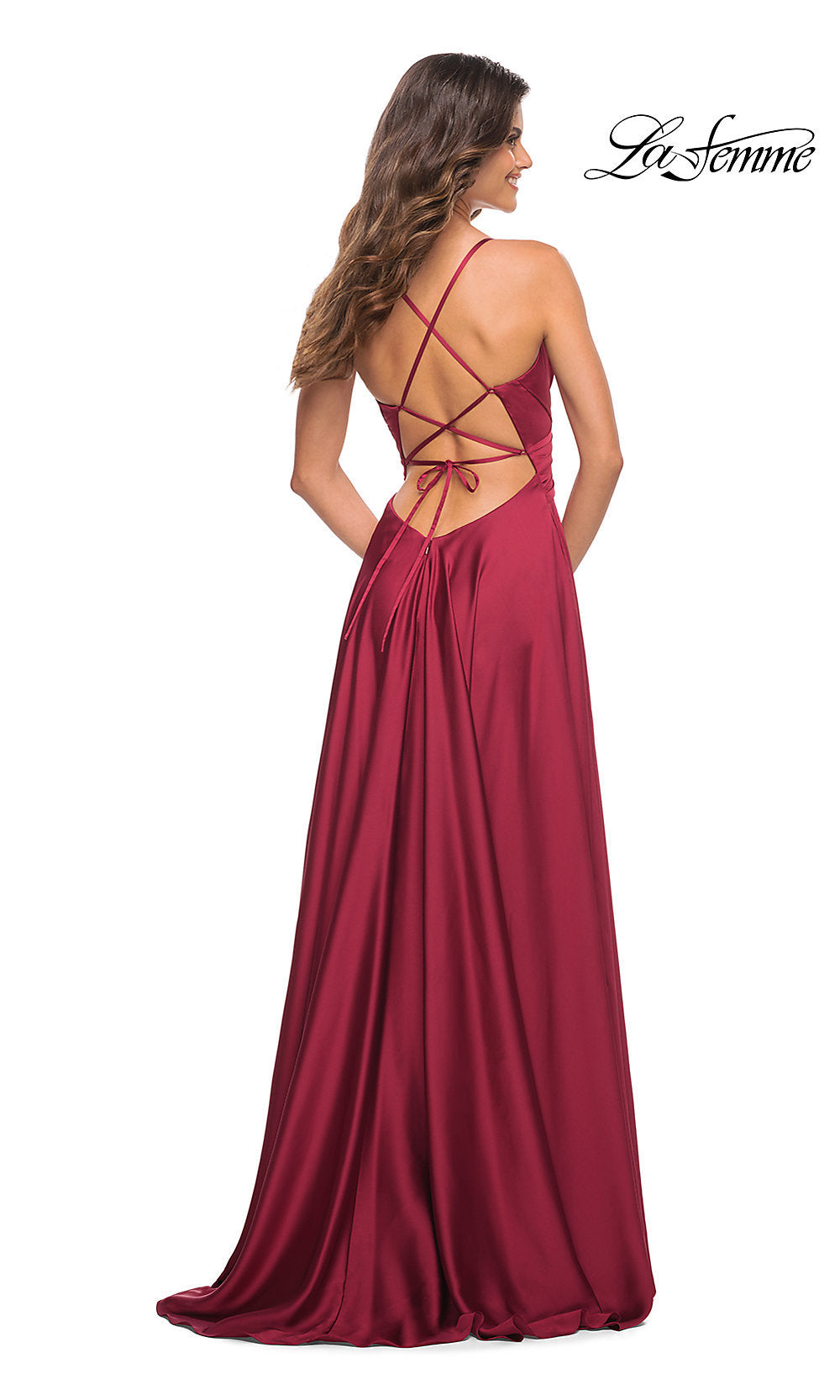 V-Neck Long A-Line La Femme Satin Prom Dress Navy / 6 V-Neck Long A-Line La Femme Satin Prom Dress Navy / 6