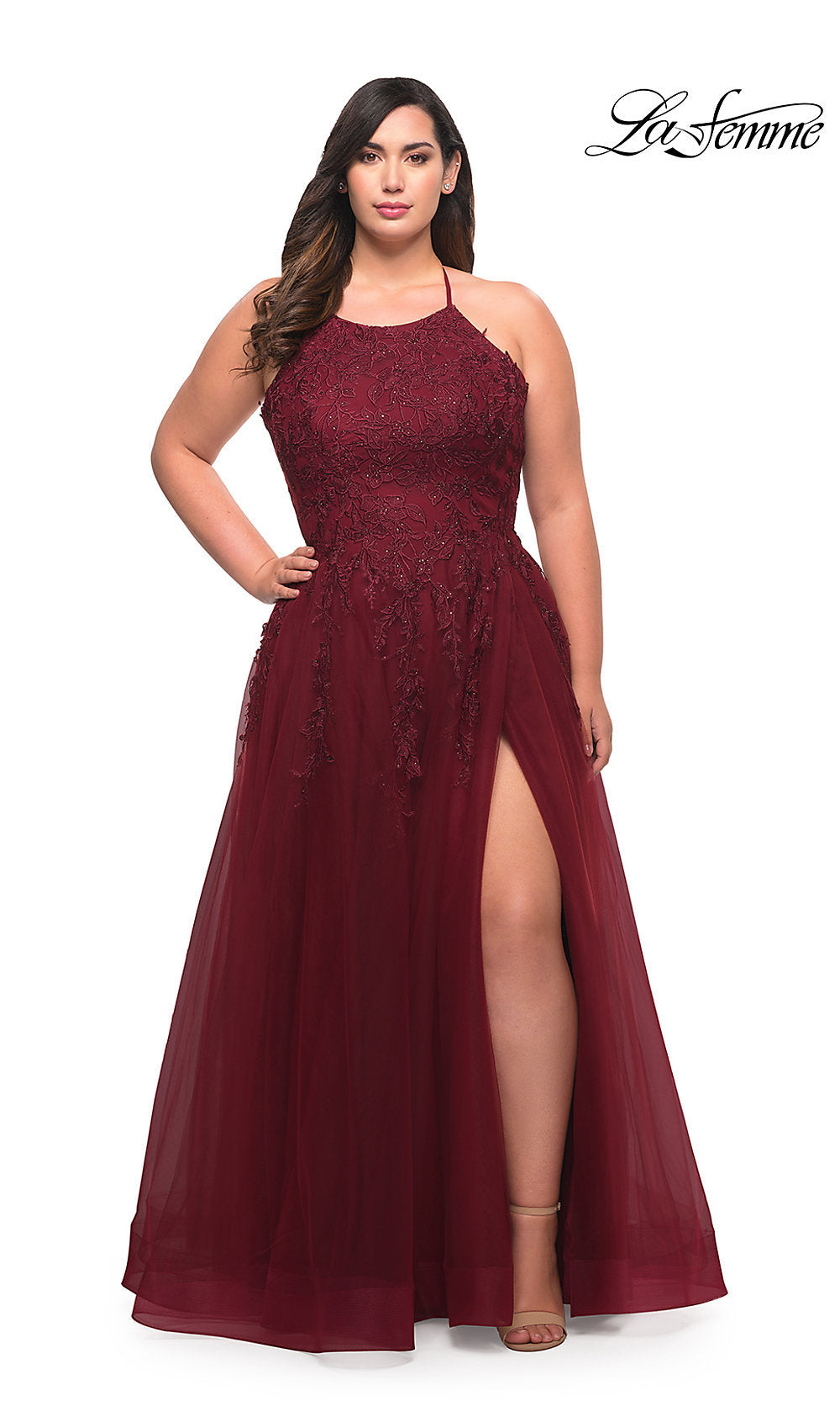 Wine Corset-Back Long La Femme Plus-Size Prom Dress