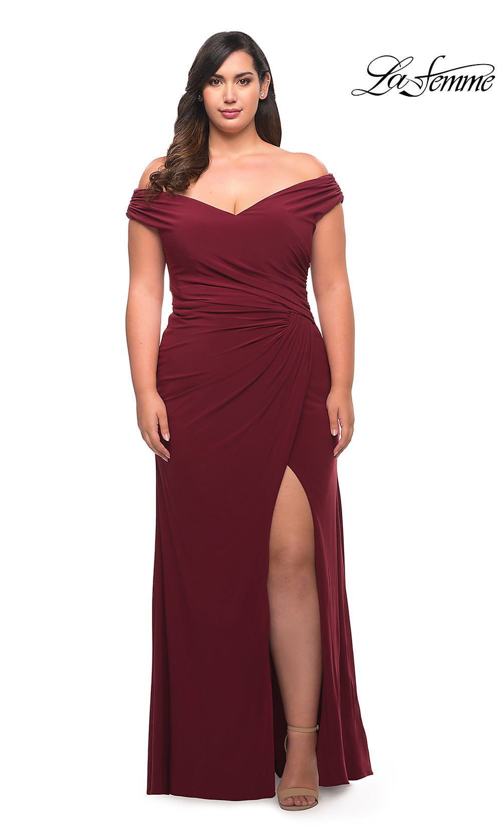 Wine La Femme Long Plus-Size Off-Shoulder Prom Dress