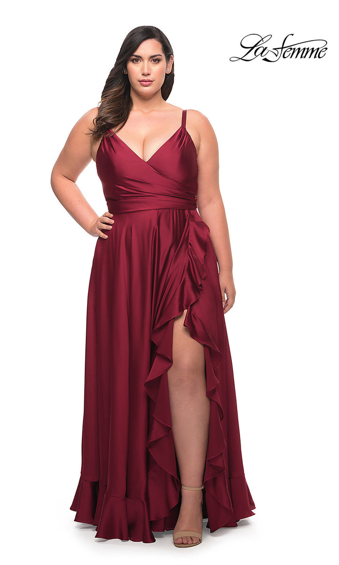 Wine La Femme Long Plus-Size Prom Dress with Ruffle