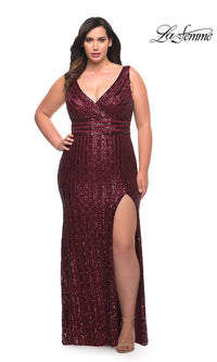  La Femme Striped Sequin Long Plus-Size Prom Dress