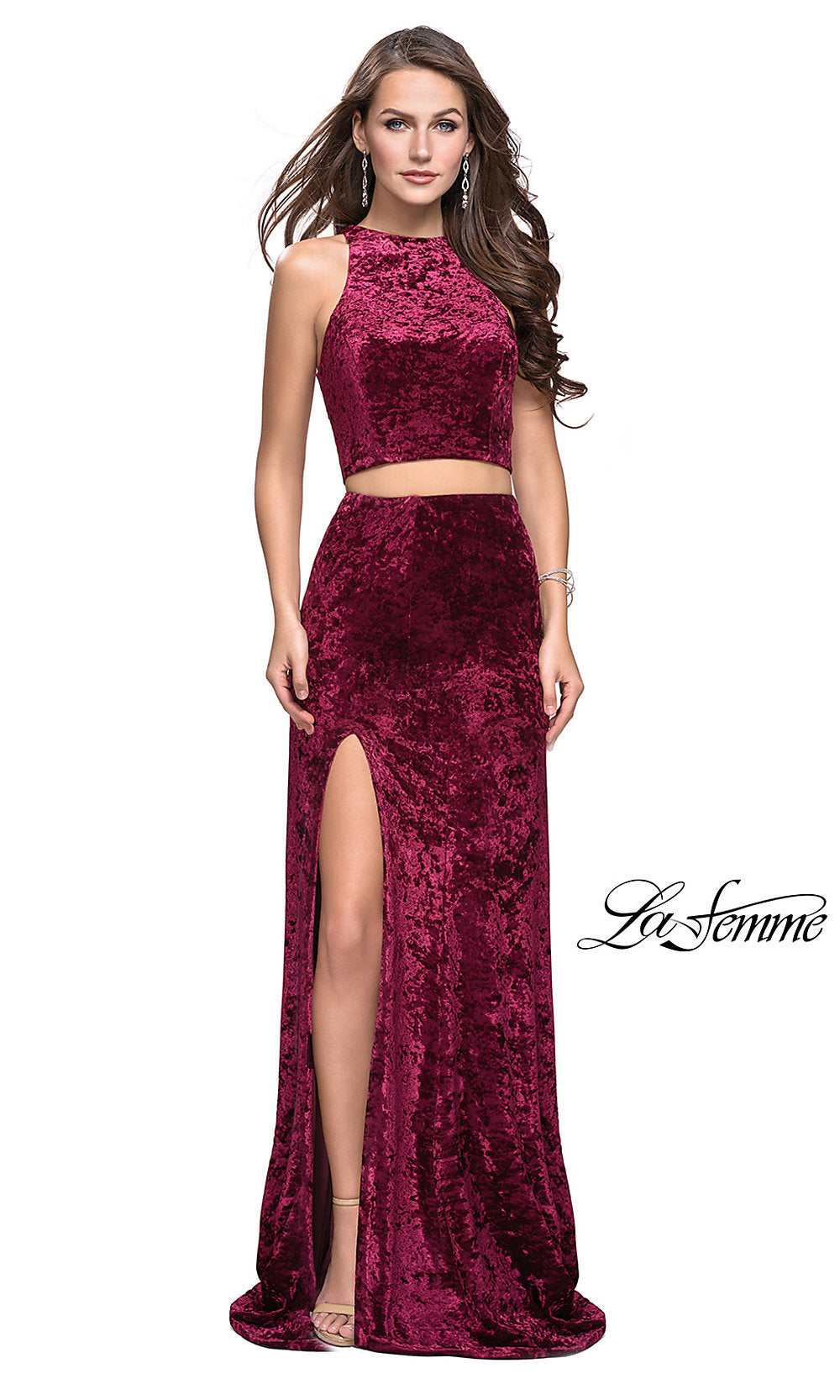 Wine Long Two-Piece Velvet La Femme Prom Dress