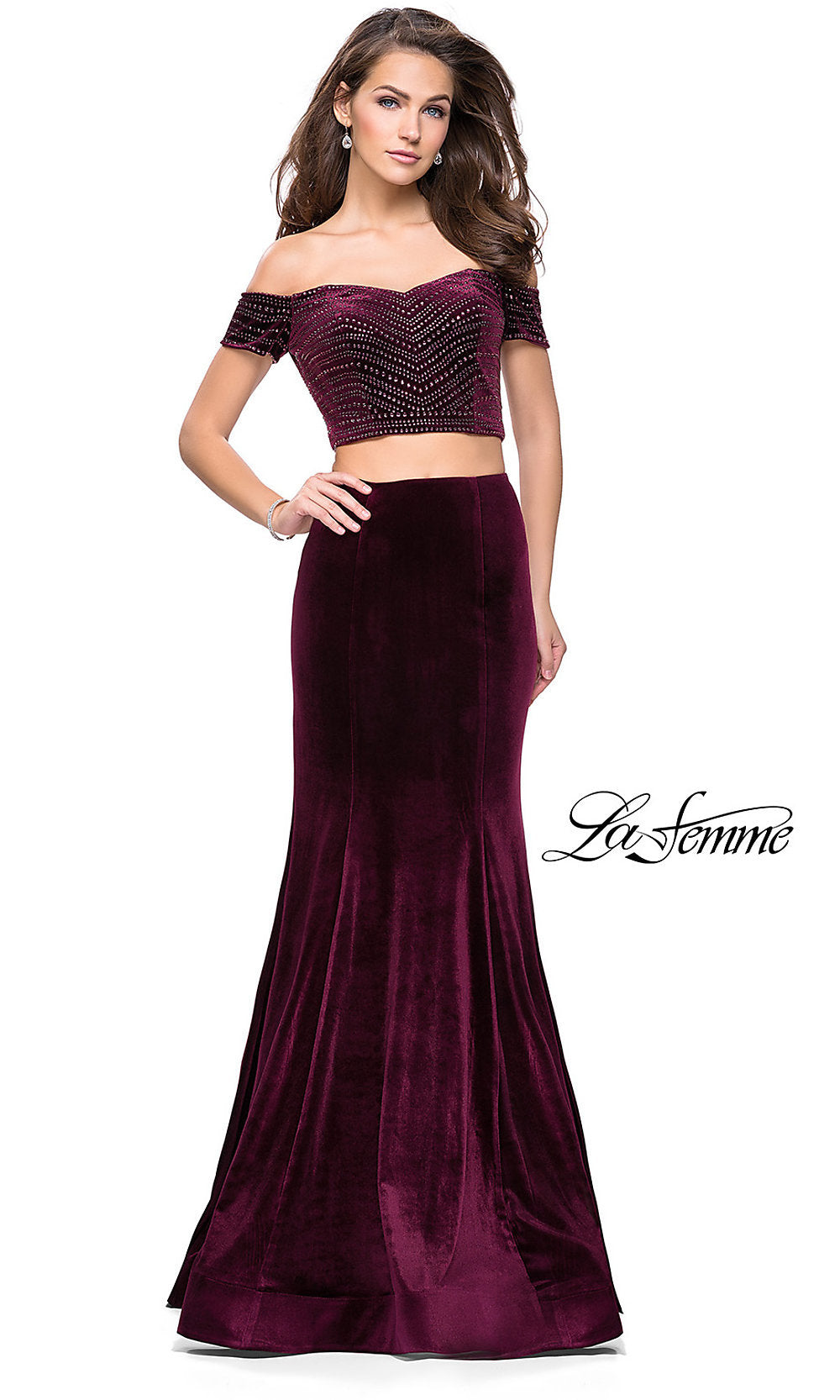 Wine Long Two-Piece Off-the-Shoulder Velvet La Femme Prom Dress