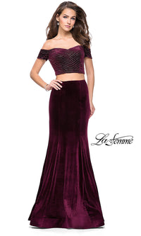 Wine Long Two-Piece Off-the-Shoulder Velvet La Femme Prom Dress