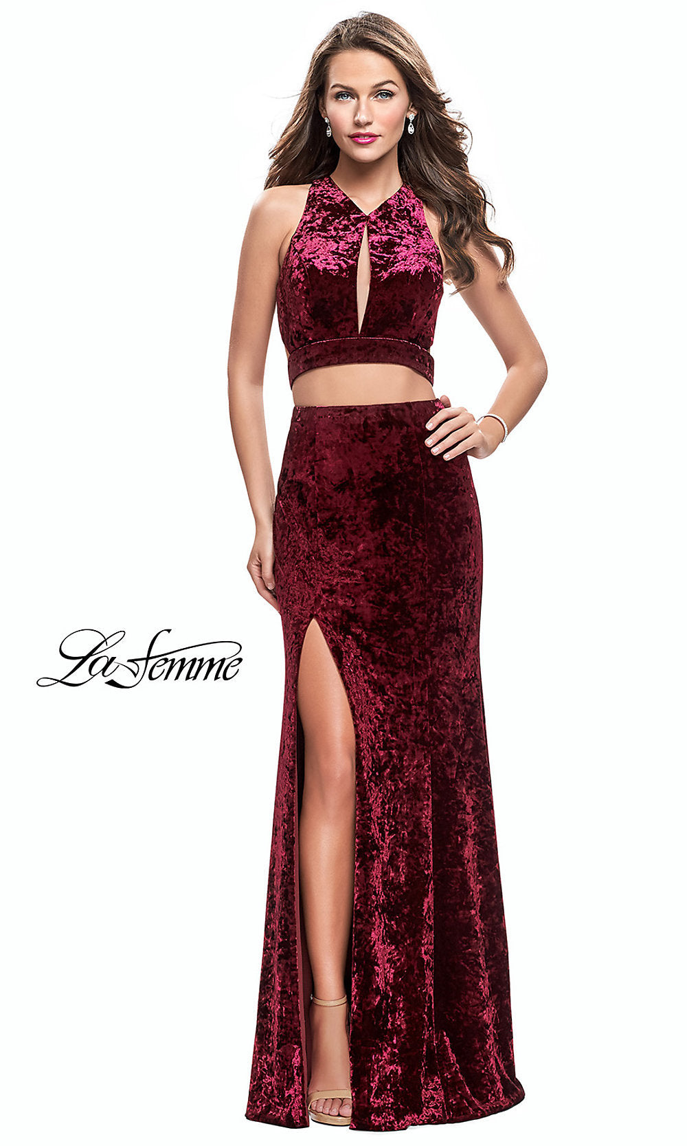 Wine Open-Back Long Mock Two-Piece Velvet La Femme Prom Dress