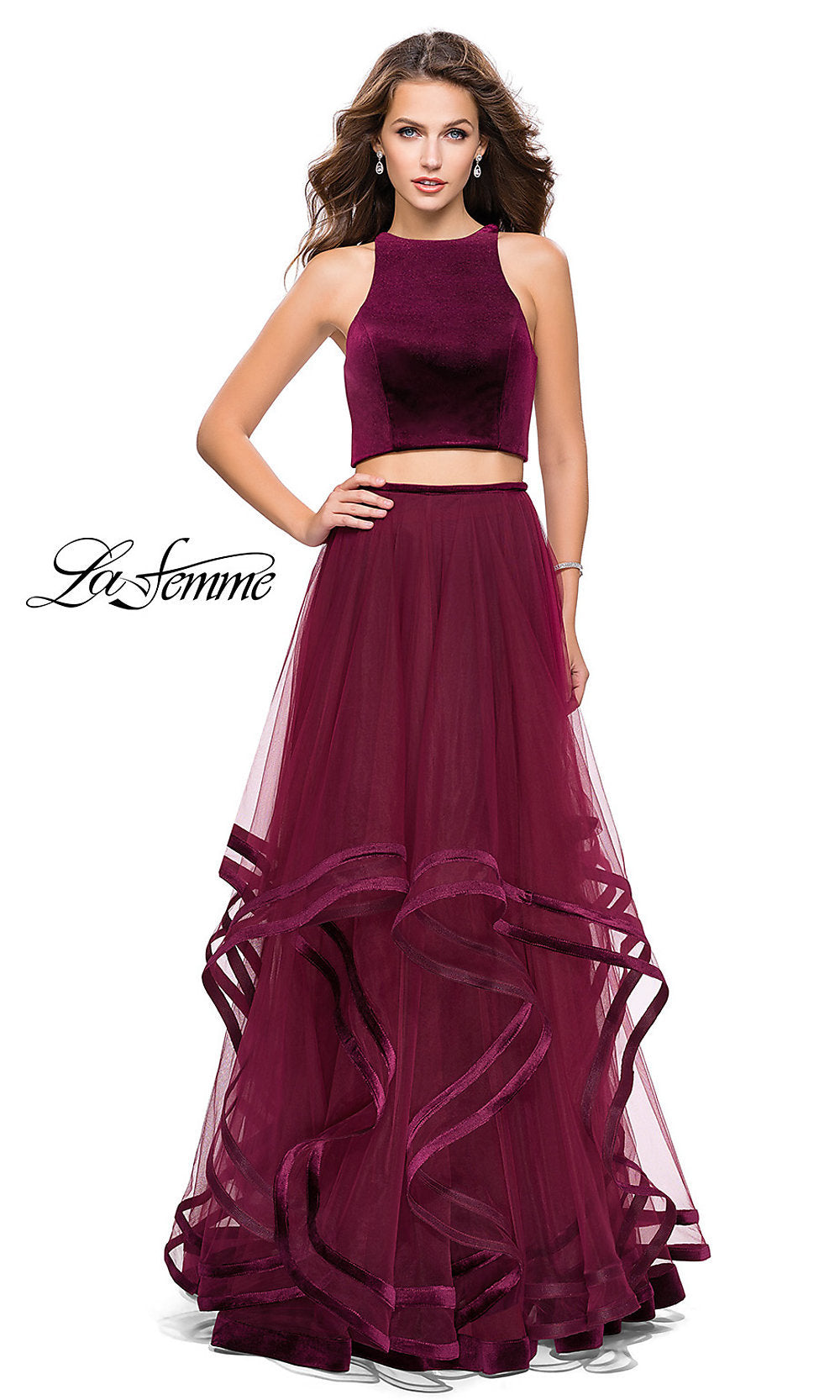 Wine Long Two-Piece La Femme Prom Dress with Open Back