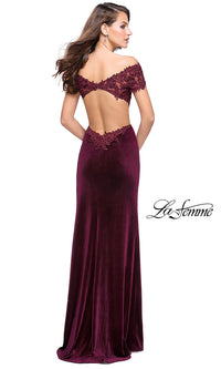  Off-the-Shoulder Long La Femme Prom Dress with Applique Accents