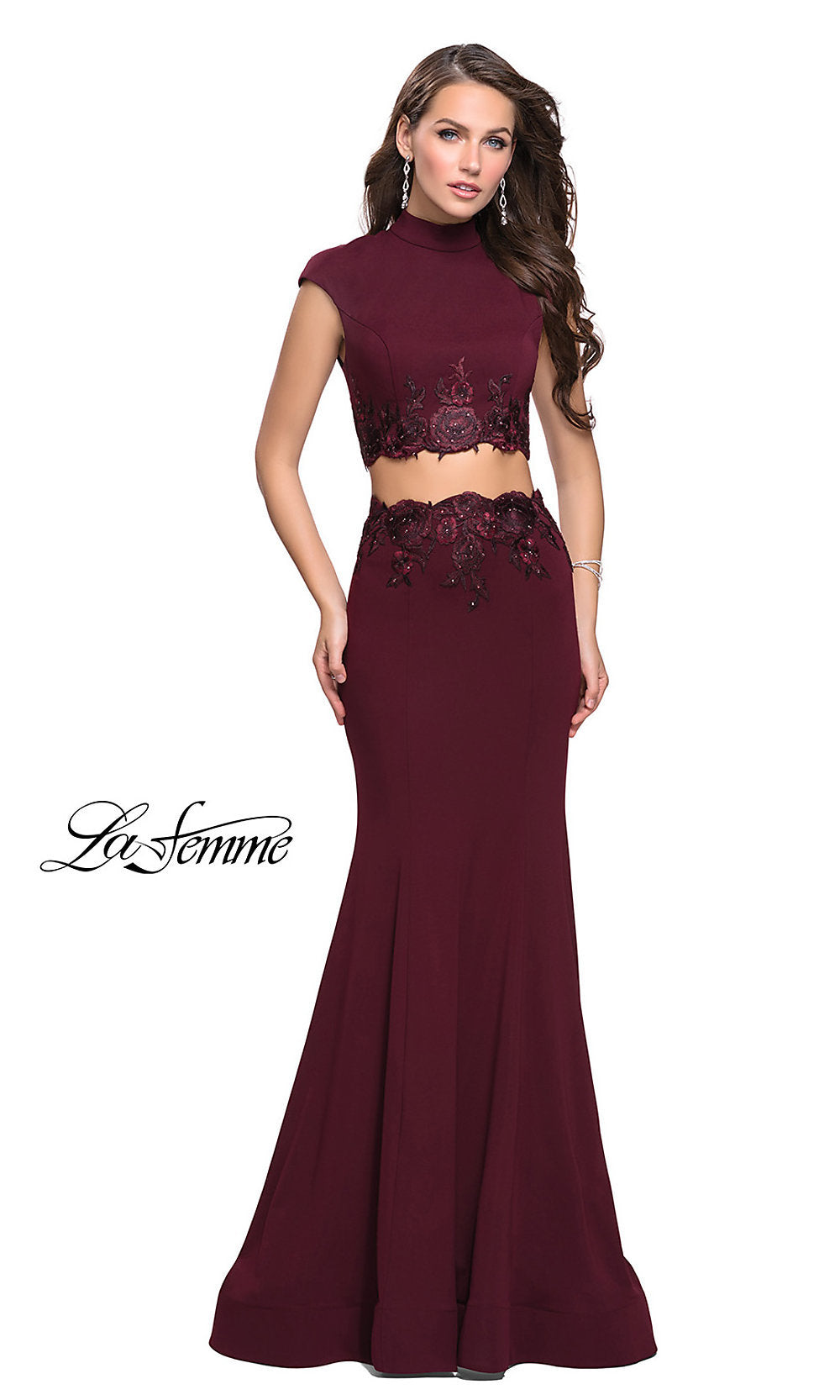Wine Mock-Neck Two-Piece Prom Dress with Cap Sleeves