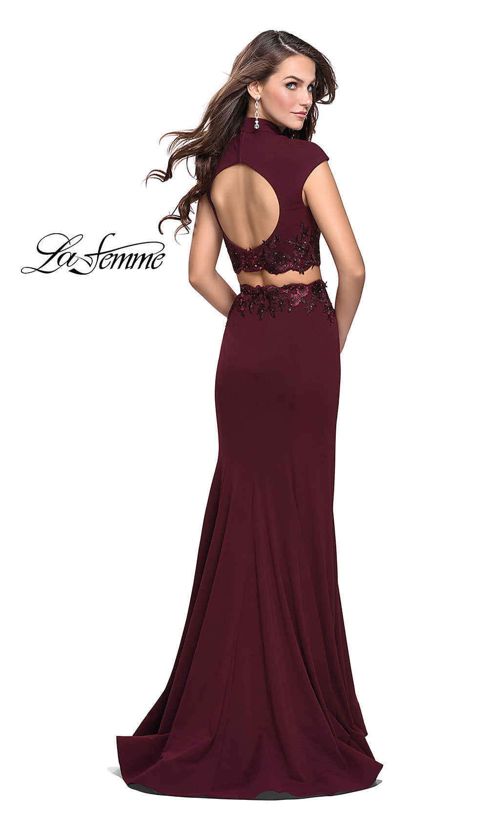 Mock-Neck Two-Piece Prom Dress with Cap Sleeves Wine / 0 Mock-Neck Two-Piece Prom Dress with Cap Sleeves Wine / 0