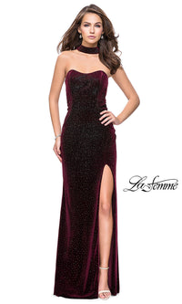 Wine Beaded Strapless Long La Femme Prom Dress with Slit
