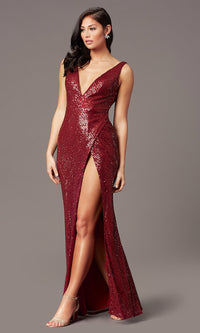 Wine V-Neck Long Sleeveless Sequin Prom Dress
