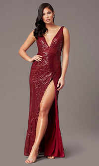  V-Neck Long Sleeveless Sequin Prom Dress