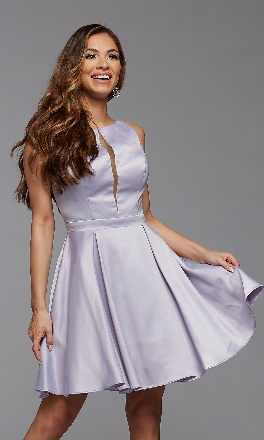 Wisteria Short Satin Homecoming Dress with Strappy Back