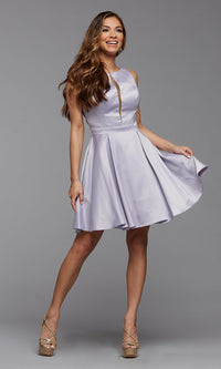  Short Satin Homecoming Dress with Strappy Back