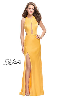Yellow Open-Back La Femme Long Prom Dress with Slit