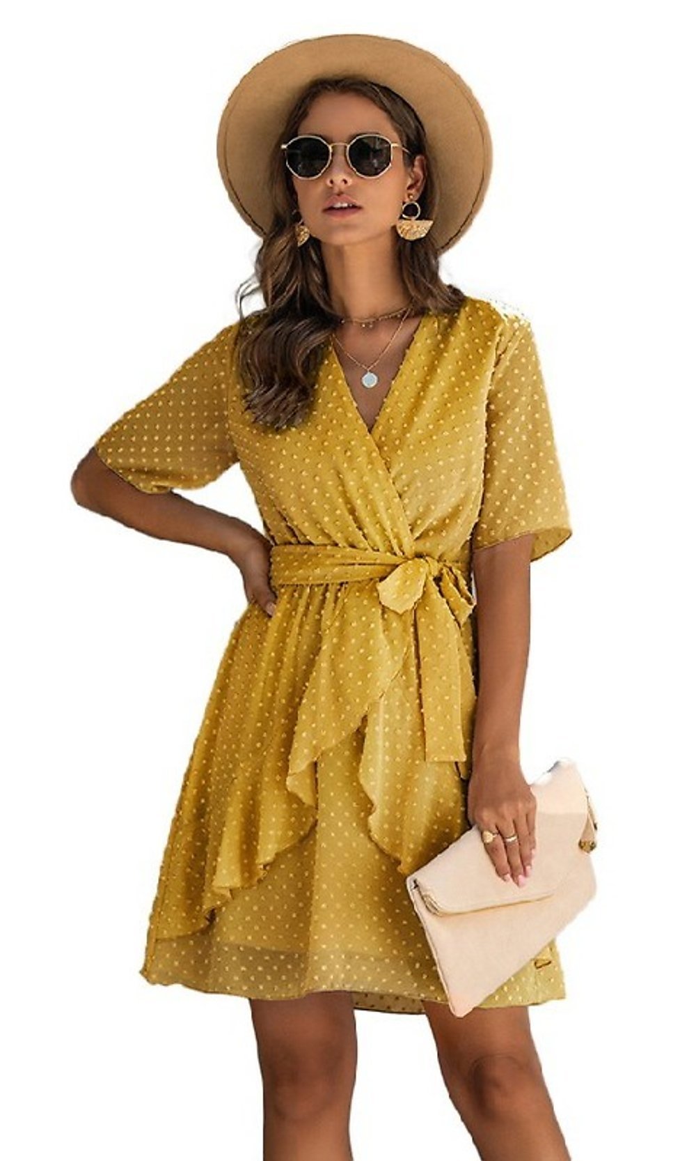 Yellow Swiss Dot Short Casual Wrap Dress with Sleeves