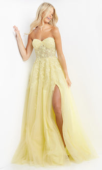 Yellow Sheer-Bodice Strapless Long Yellow Prom Ball Gown