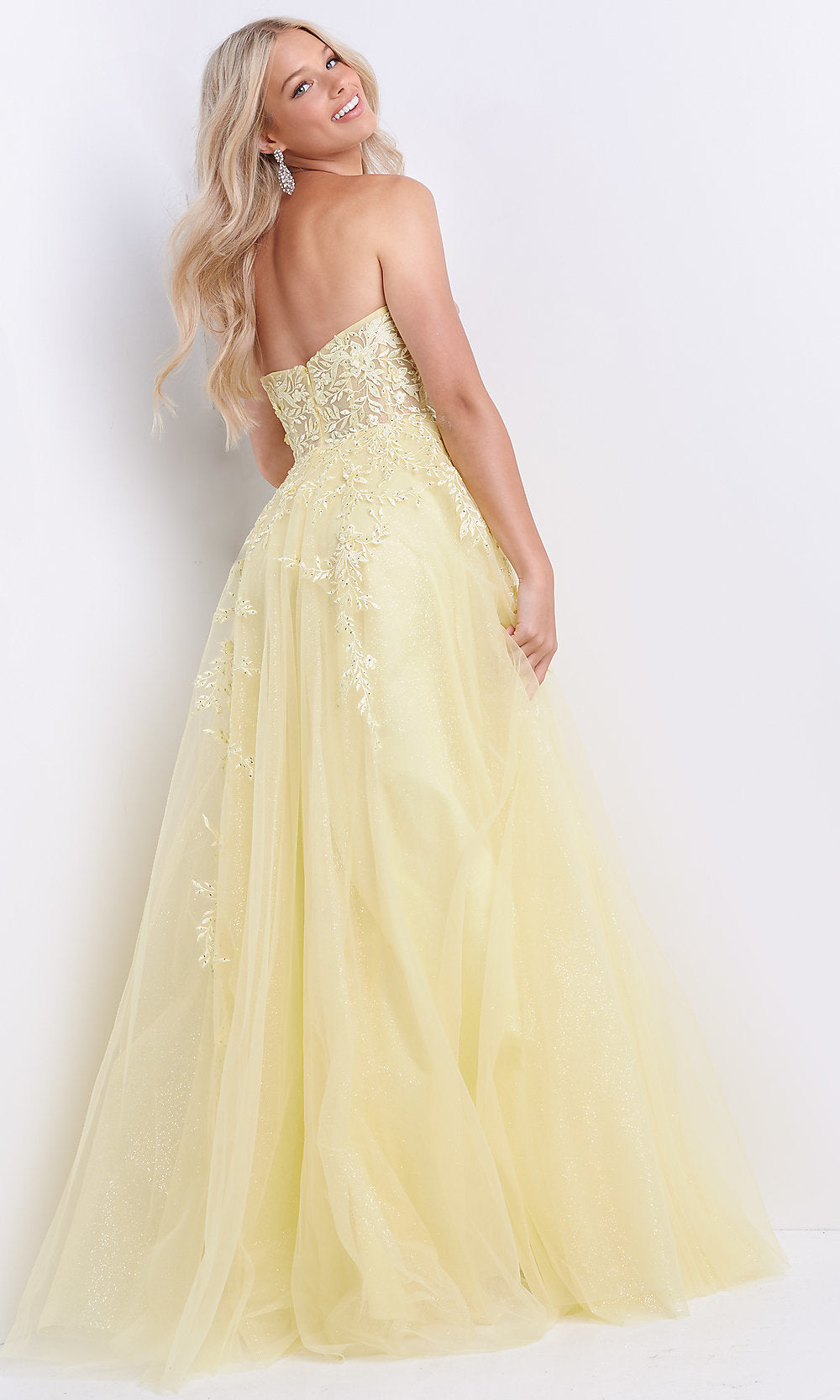  Sheer-Bodice Strapless Long Yellow Prom Ball Gown