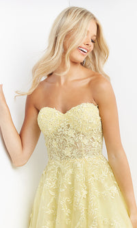  Sheer-Bodice Strapless Long Yellow Prom Ball Gown