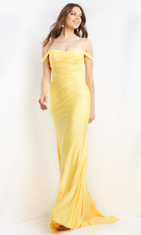 Yellow JVN by Jovani Off-Shoulder V-Neck Long Prom Dress