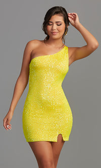 Yellow One-Shoulder Bright Sequin Short Homecoming Dress