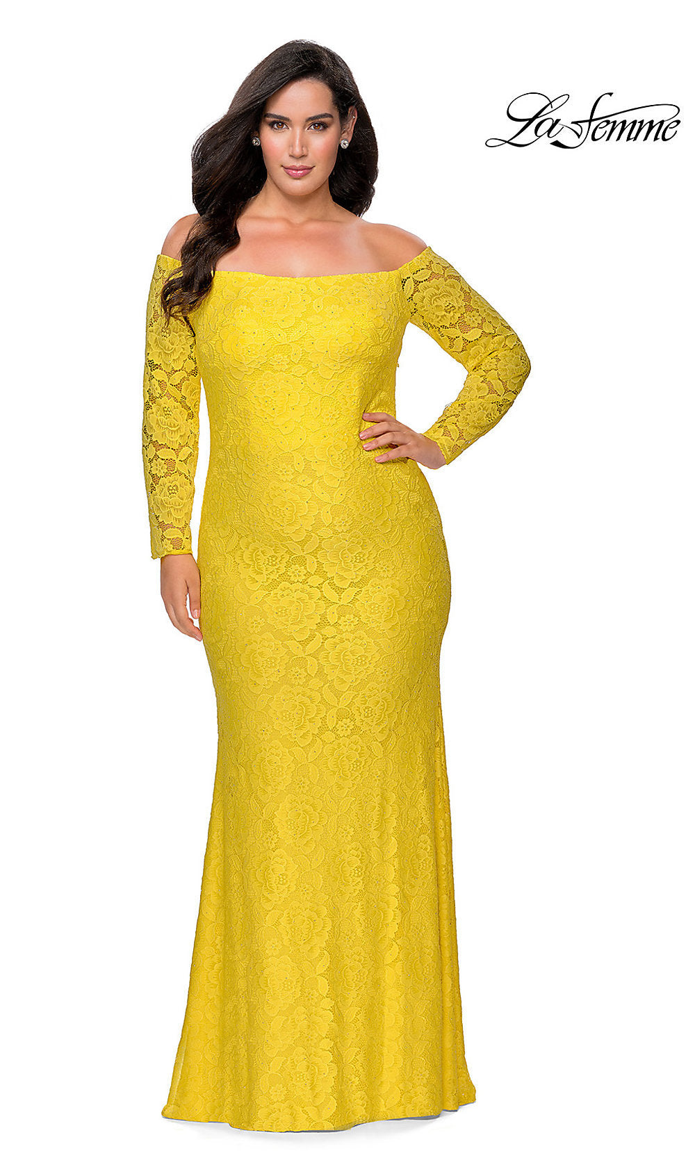 Yellow La Femme Long Lace Plus-Size Formal Prom Dress