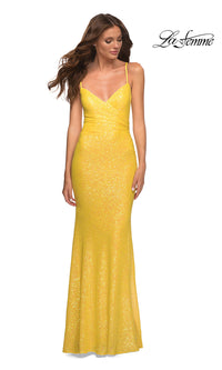 Yellow Corset-Back Long La Femme Sequin Prom Dress
