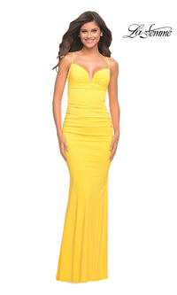 Yellow Long La Femme Prom Dress with Lace-Up Open Back
