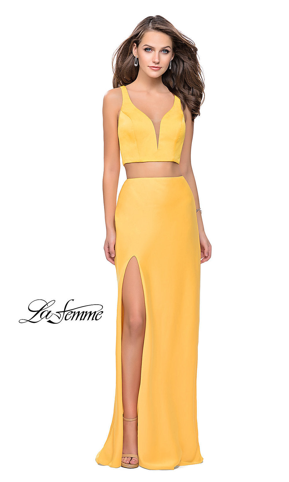 Yellow La Femme Caged-Back Two-Piece Long Formal Dress