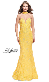 Yellow Long Strapless Open-Back La Femme Prom Dress