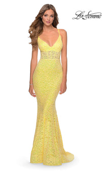 Yellow La Femme Sheer-Waist Long Sequin-Lace Formal Dress