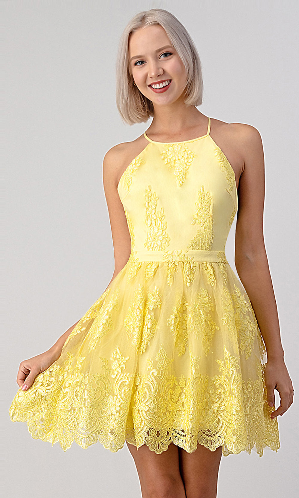 Yellow A-Line Knee-Length Cute Lace Graduation Dress