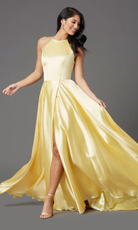 Yellow Long Faux-Wrap High-Neck Corset Formal Prom Dress