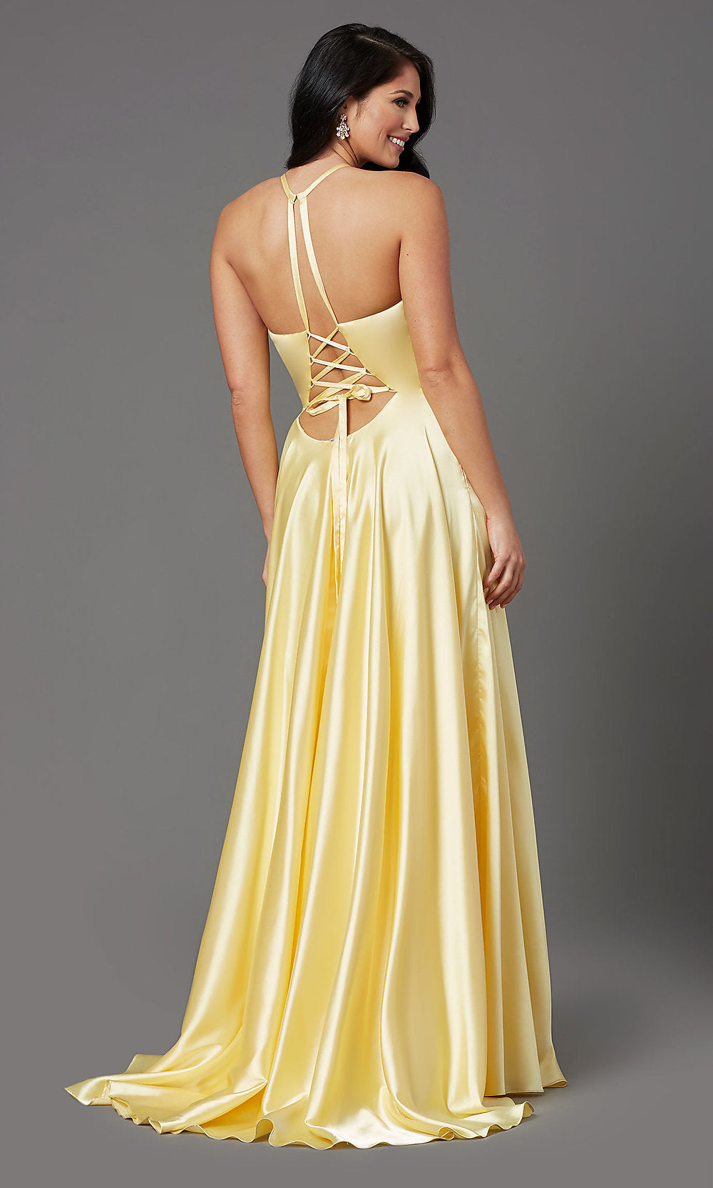  Long Faux-Wrap High-Neck Corset Formal Prom Dress