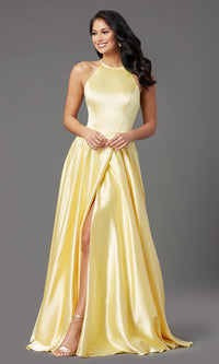  Long Faux-Wrap High-Neck Corset Formal Prom Dress