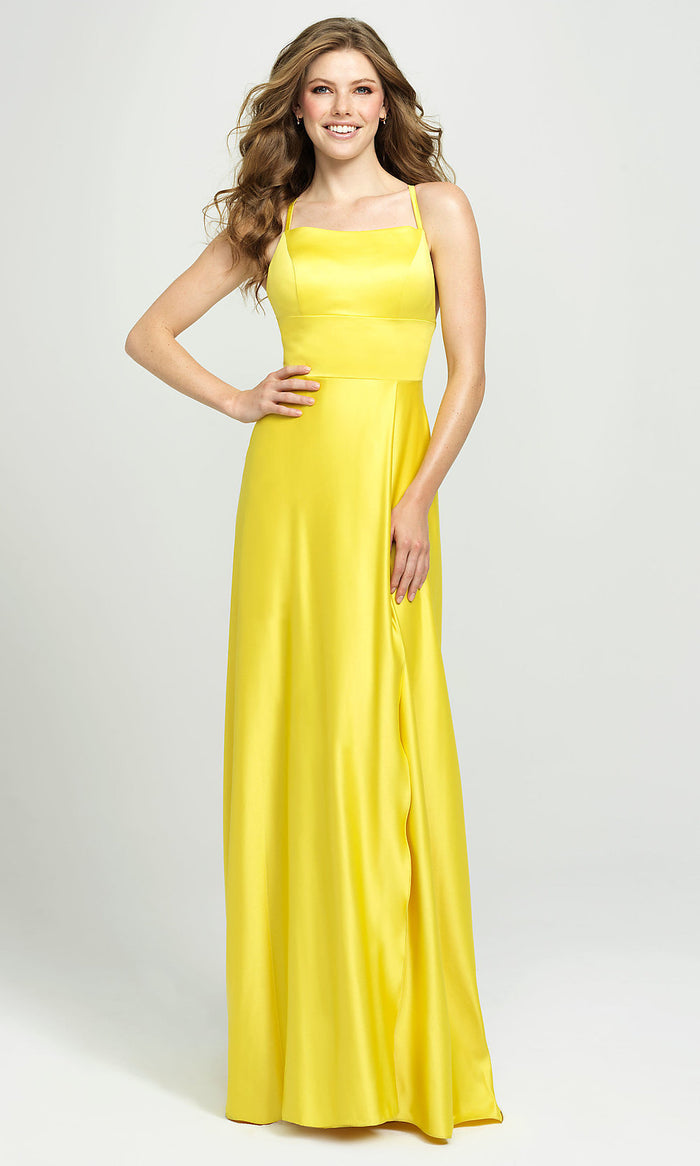 Yellow Lace-Up Open-Back Long Satin Formal Prom Dress